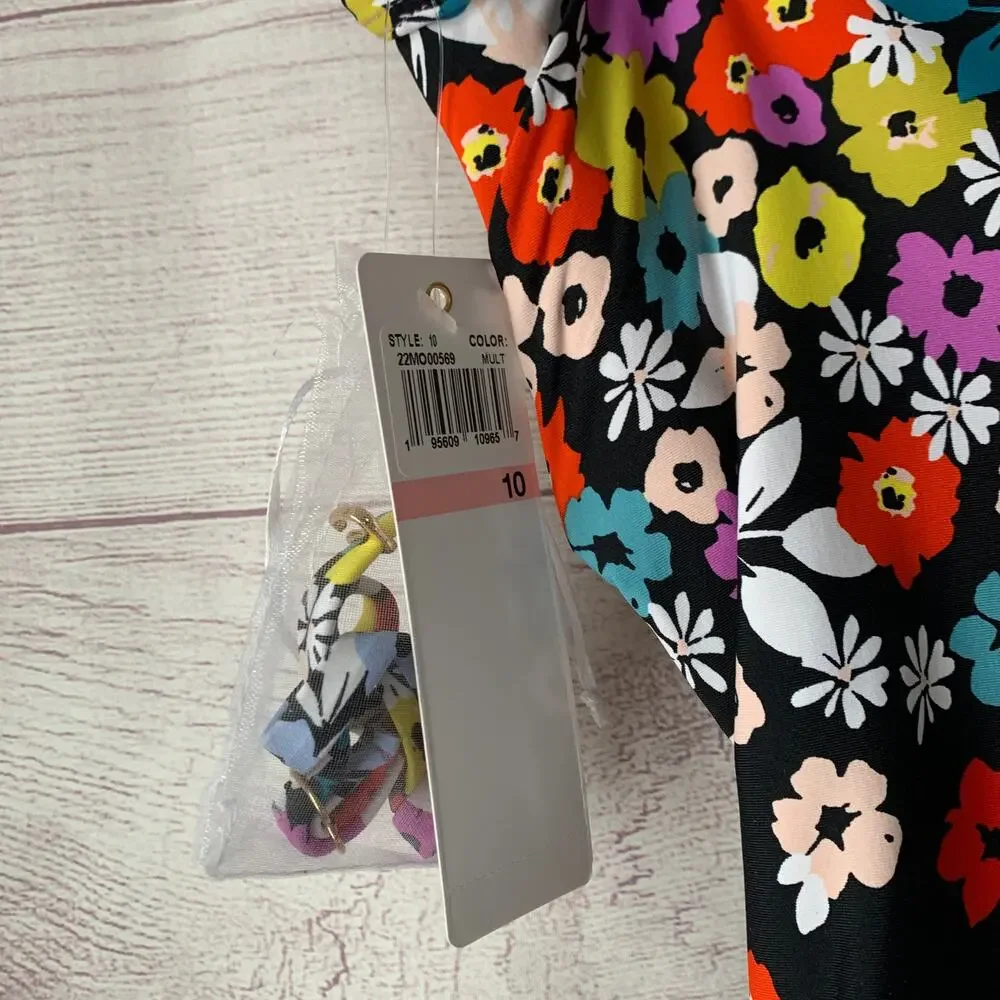 Anne Cole Black Colorful Floral Swimsuit Attachable Halter Strap Size 10
